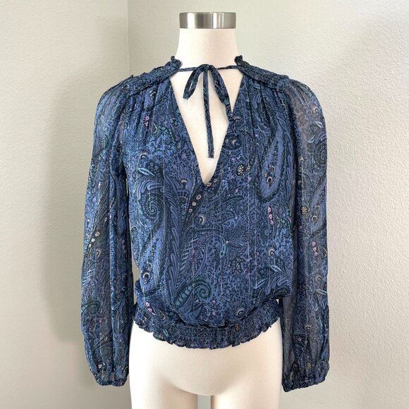 Lucky Brand Womens Small Floral Tie Neck Blouse Long Sleeve Shirt Top - Picture 1 of 10